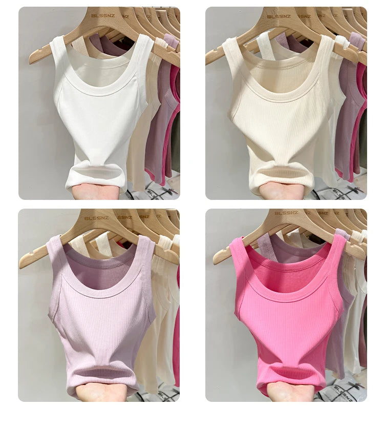 zjaiss Women Solid Round Neck Ribbed Tank Top Camisole Women/Summer Basic Elastic Tank Top O Neck Solid Tank Top