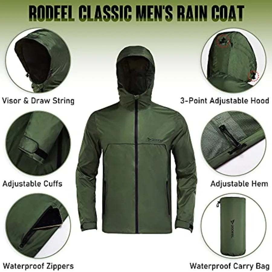 Men's Waterproof Rain Lightweight Reusable Hiking/Hooded Coat Jacket for Outdoor Activities