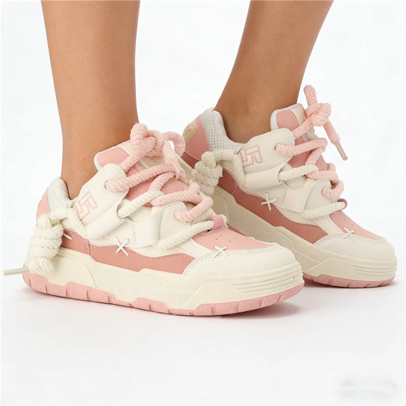 Pink Chunky Heel Platform Women Sneakers Fashion Runway/Sweet Outdoor Casual Trainers Large Size All Match Sport Shoes