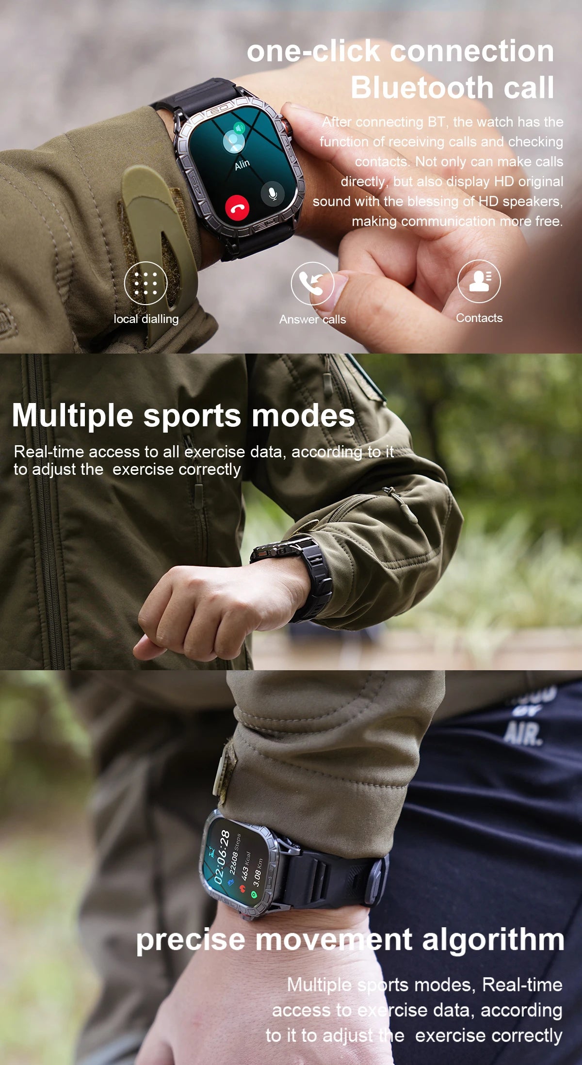 EIGIIS New Smart Watch ED Display 100+ Sport Mode With Compass/IP68 Waterproof Bluetooth Call Heart Rate Blood Pressure Men K63