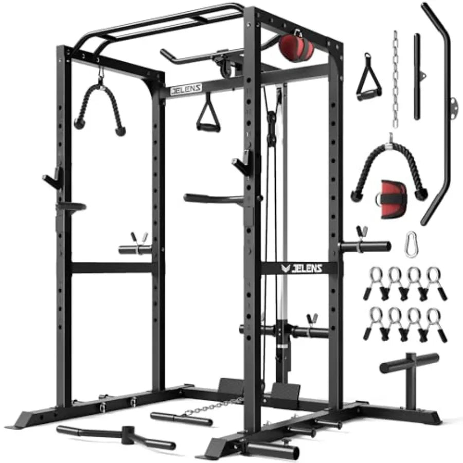 Home gym power cage with steel construction black finish 2000LBS capacity/and adjustable cable crossover system for versatile