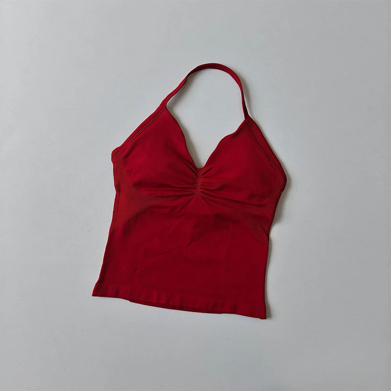 Longline Strappy Seamless Yoga Tank Top Backless/Gym Vest with Built-in Bra Sleeveless Workout Top