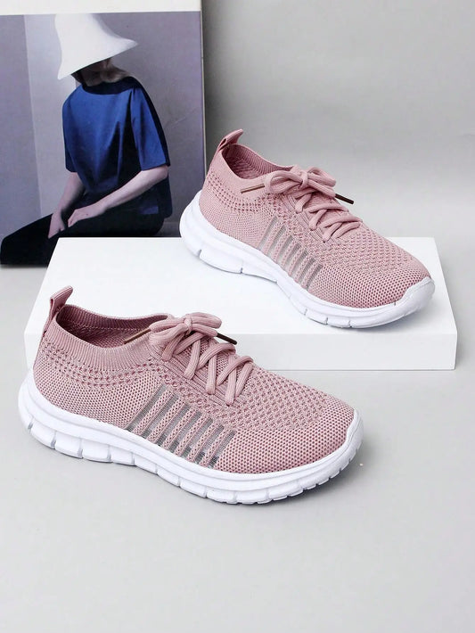 1 Pair Girls Knitted Lace-Up Design Flat Breathable Slip-On/Casual Sports Shoes Suitable For Spring & Autumn Seasons