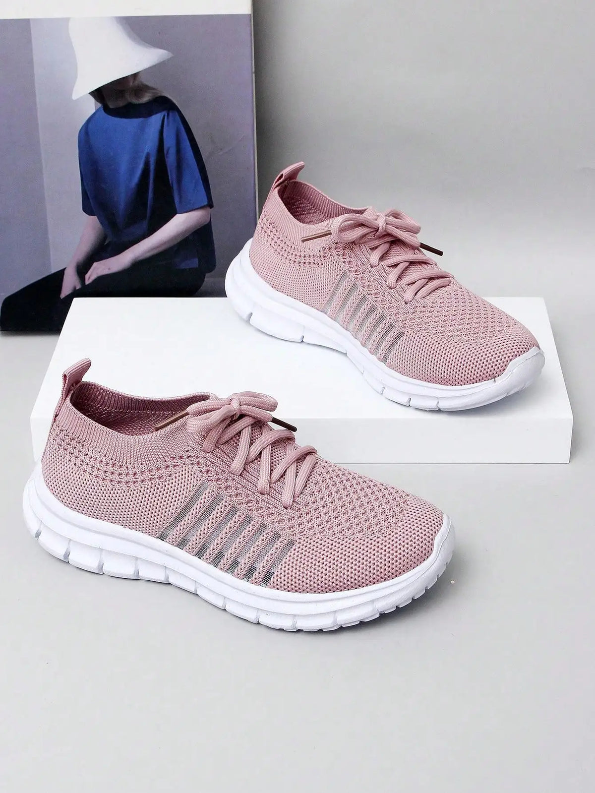 1 Pair Girls Knitted Lace-Up Design Flat Breathable Slip-On/Casual Sports Shoes Suitable For Spring & Autumn Seasons