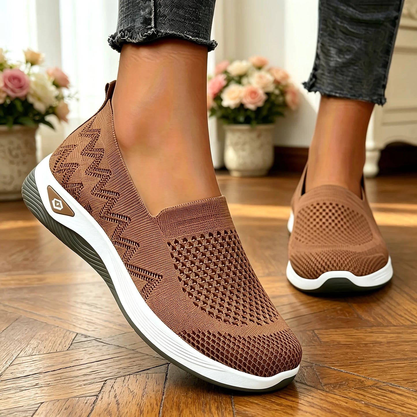 Women Hollow Flying Knit Slip On Wedge Walking Shoes Breathable Mesh/Lightweight Cushion Platform Non Slip Soft Sole Comfort Loafers