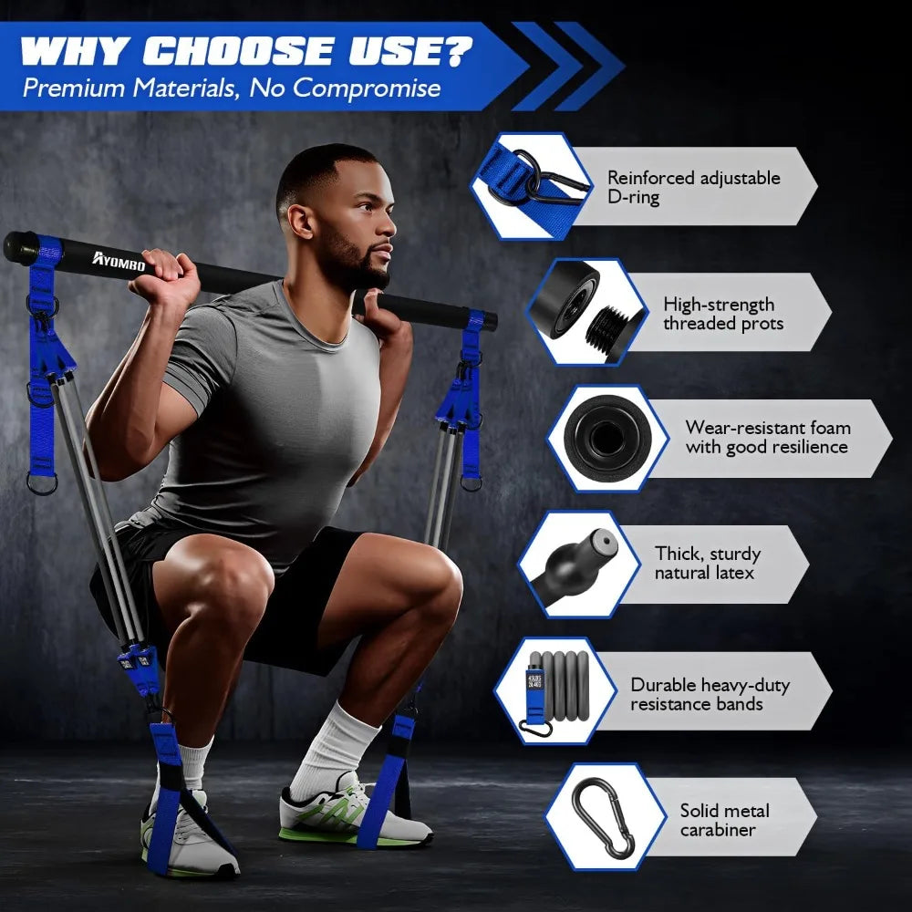 Heavy Duty Pilates Bar Kit with Resistance Bands Portable/Home Gym Equipment for Full Body Workout Arm Abs Waist