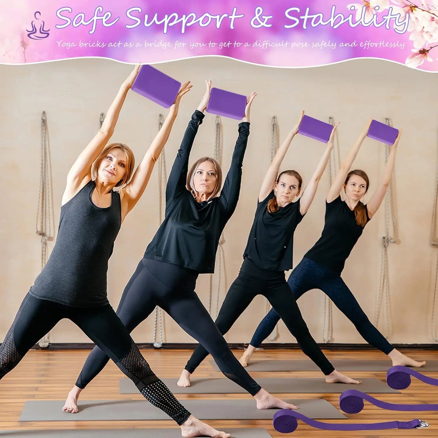 30 Pack Yoga Block and Strap Set 15 Pcs Non-Slip Yoga Blocks with 15 Pcs/Metal D Ring Stretching Exercise Workout Fitness Access