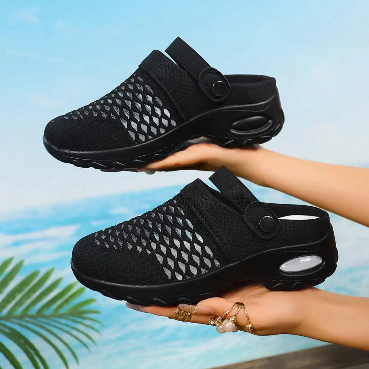 Women Breathable Mesh Platform Clog Sandals Air Cushion Non-Slip/Thick Sole Open Back Adjustable Back Strap Slip On Walking Shoes