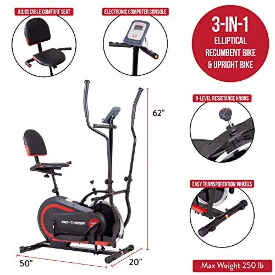 3 in 1 Exercise Machine with Seat Back Cushion Elliptical/Upright Cycling and Reclined Bike Modes Digital Comp