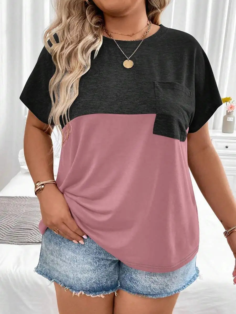 Color Block Pocket T-Shirt/with Batwing Sleeves for Women