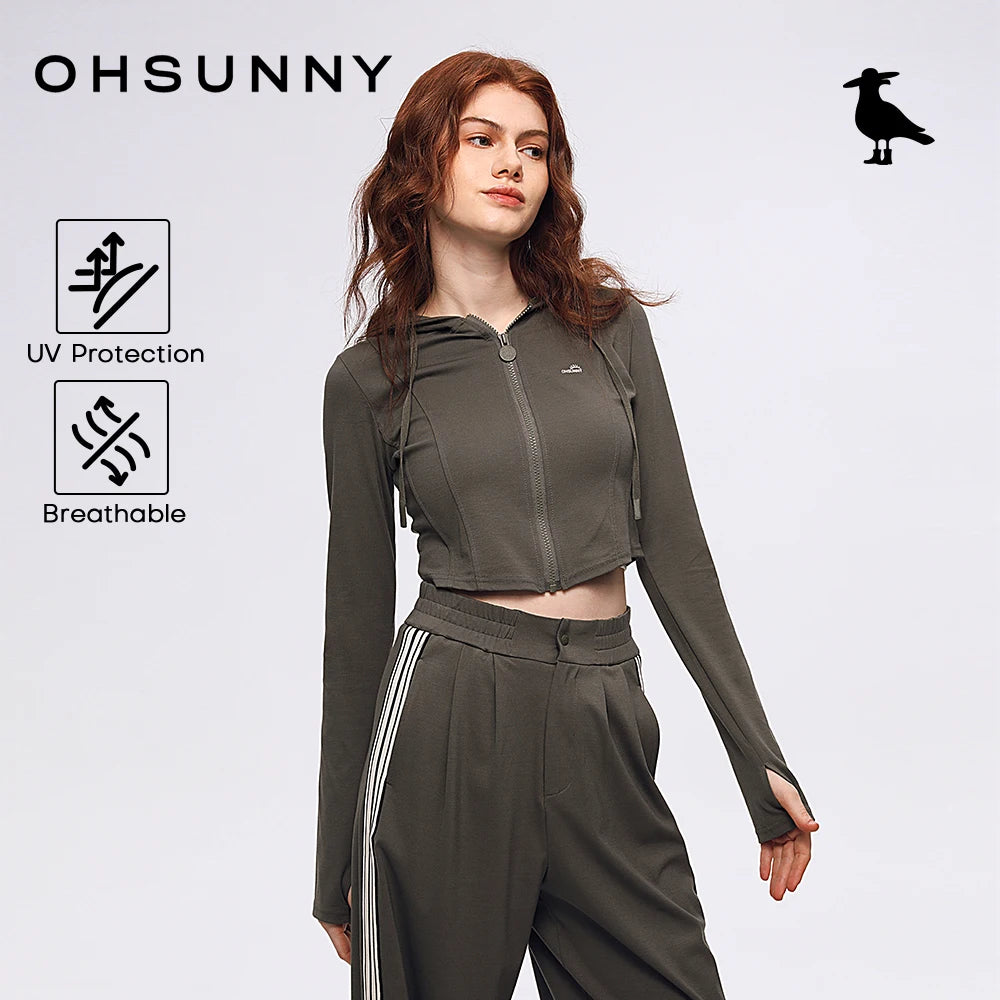OhSunny Running Jacket for Women Summer UV Coat Fitness Top/Bomber Stretch Slim Clothing Sports Long-sleeved Hoodie Short