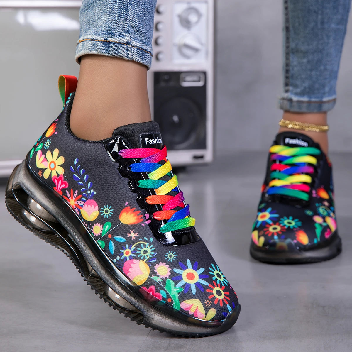 Women Floral Print Air Cushion Sneakers Colorful Rainbow Laces/Breathable Lightweight Shock Absorb Non Slip Lace Up Running Shoes