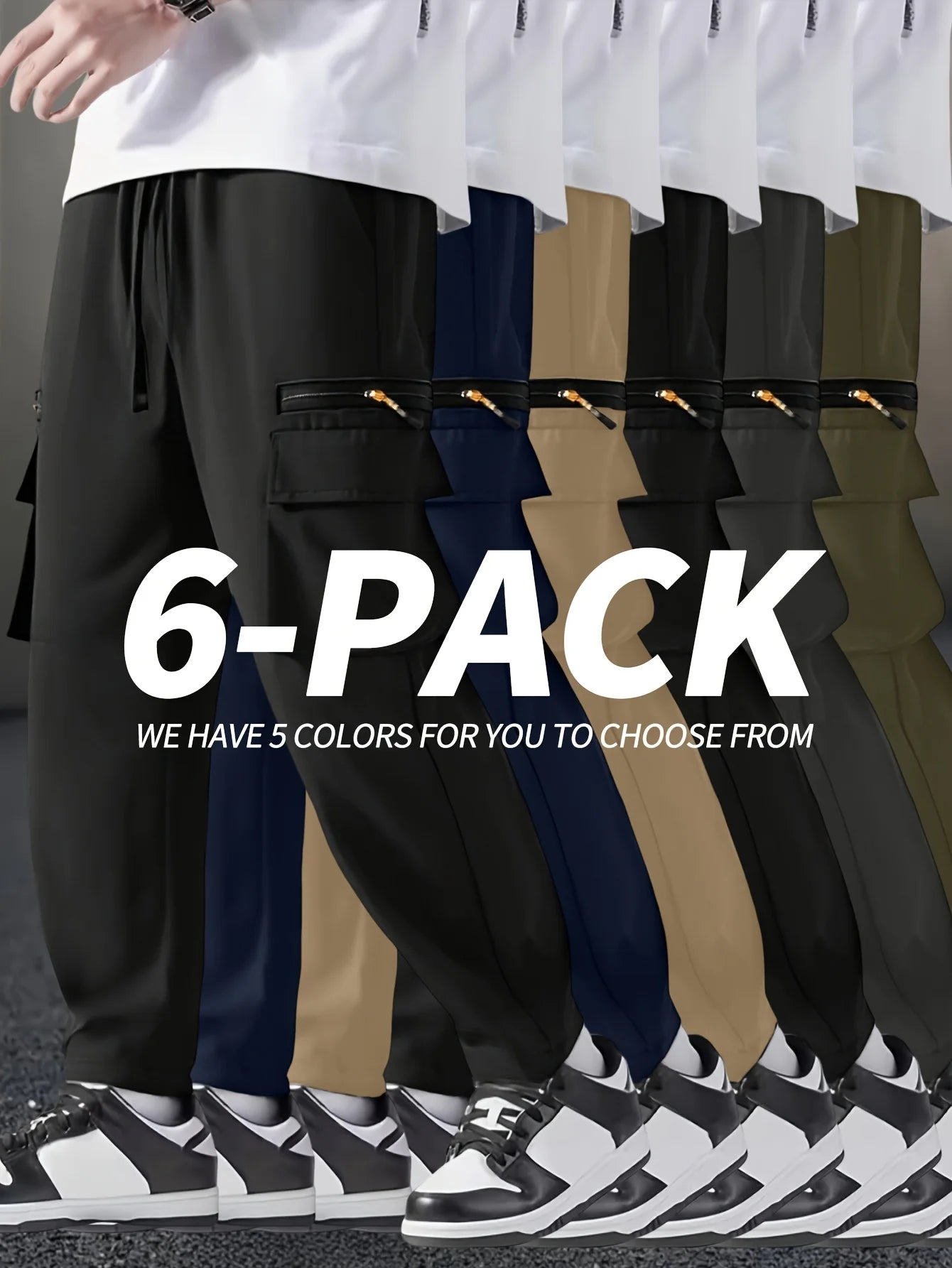 6 pieces of men's regular outdoor pants, work pants fashionable pants/and sports pants multi pocket drawstring elastic waist casual pants