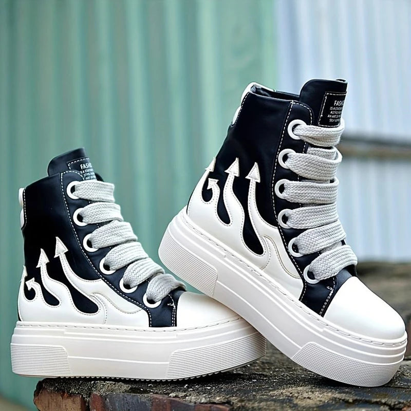Women's High Top Flame Sports Shoes Wide Lace Up Casual Sneakers/For Woman Flat Platform Ladies Embroider Sneakers Girls Tennis