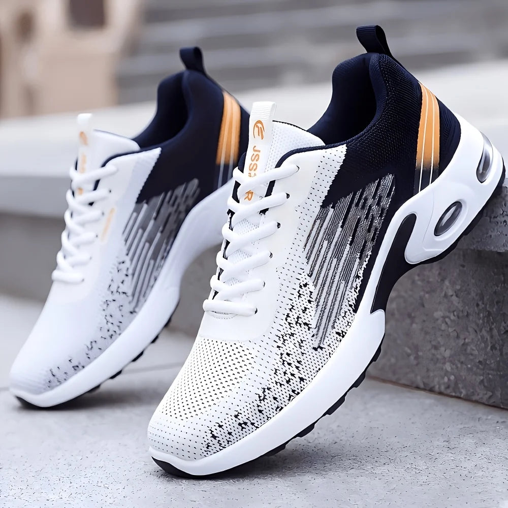 Men Breathable Flying Woven Mesh Running Shoes Cushion Air Sole/Shock Absorbing Athletic Sneakers, Lightweight Lace Up Non Slip Shoes
