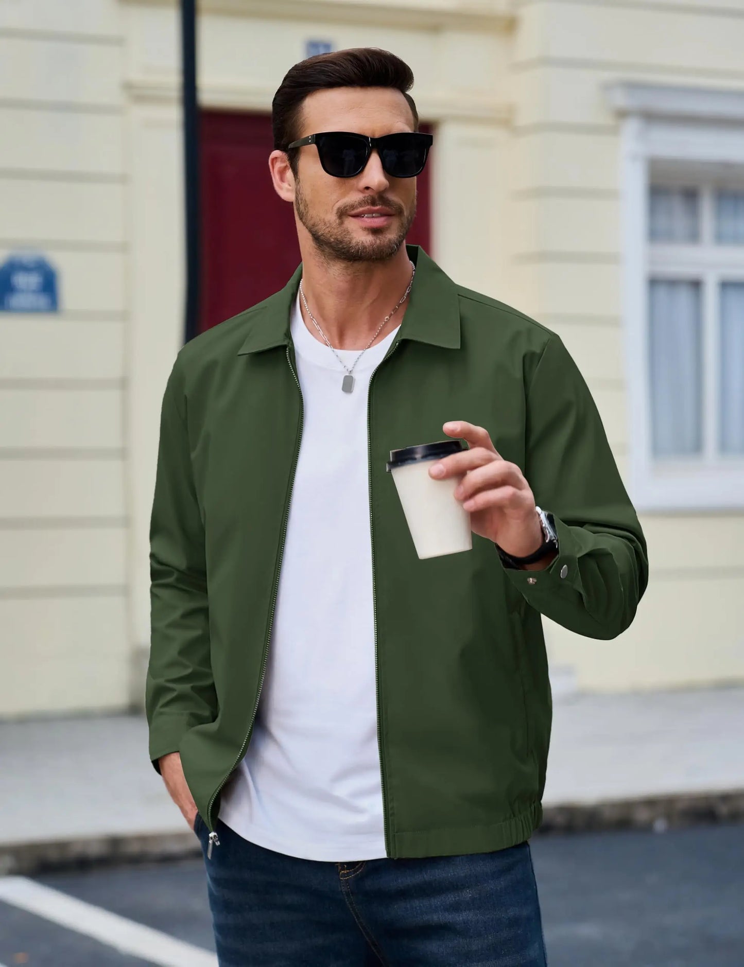 Men's Lightweight Windbreaker Jacket Full Zip Casual Jacket/Water-Repellent Coat with Zip Pockets Golf Work Outdoor