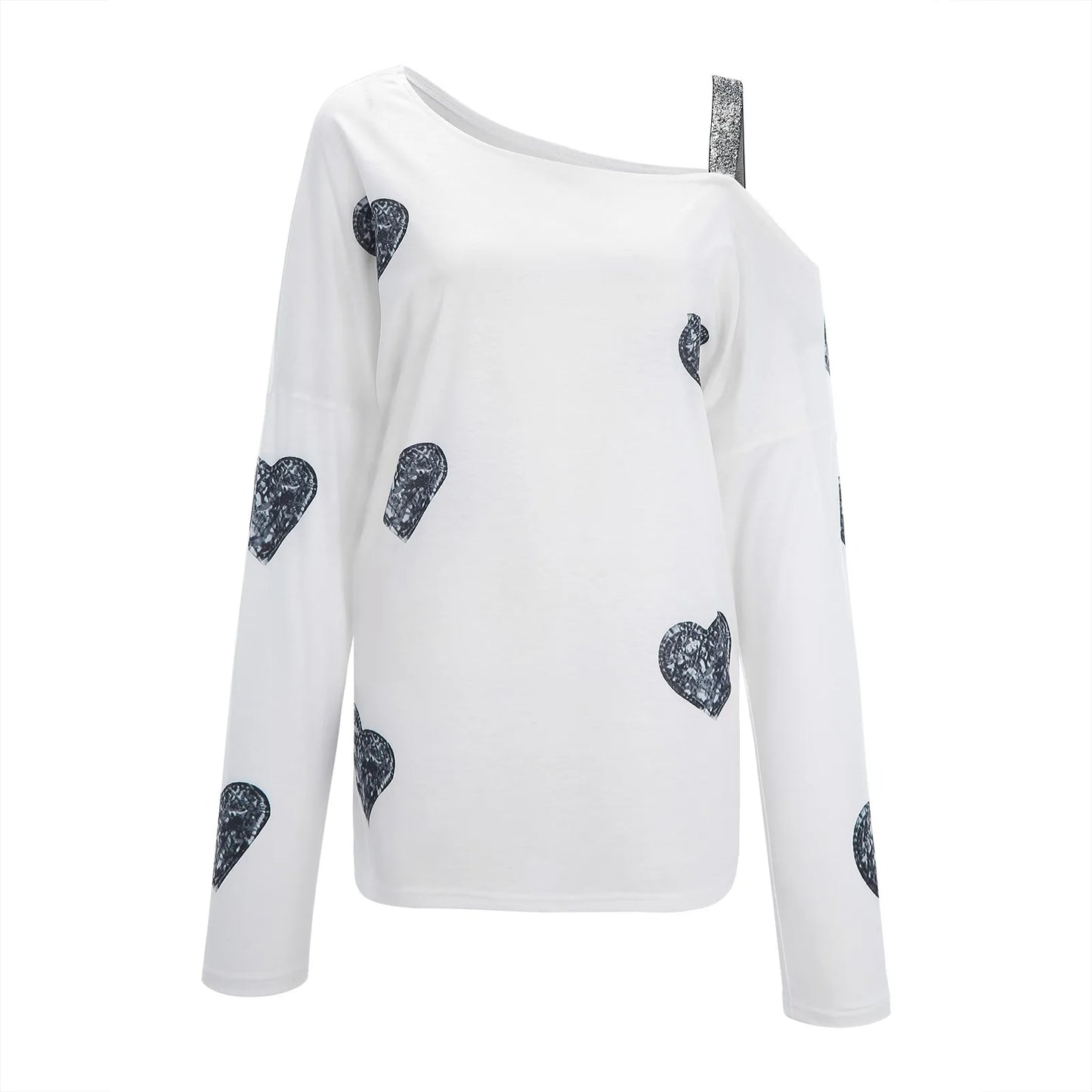 Fashion Heart Print T Shirt Women Spring Long Sleeves/Skew Collar Off Shoulder Tops Tee Shirt