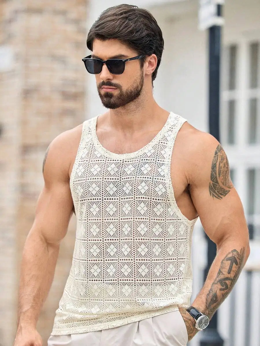 Manfinity Men's Hollow-Out Jacquard Knit Tank Top/Solid Color Round Neck Textured Casual Vest Summer Fashion Mesh