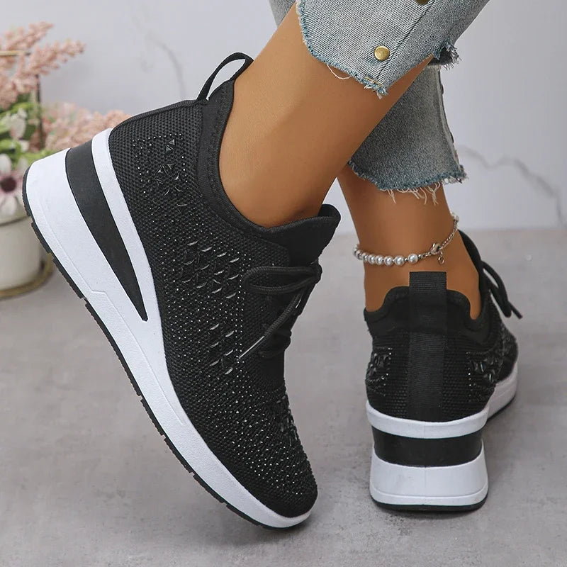 Women's Shiny Rhinestone Wedge Sneakers Breathable Non Slip/Walking Shoes Woman Plus Size Fashion Thick Sole White Sneakers