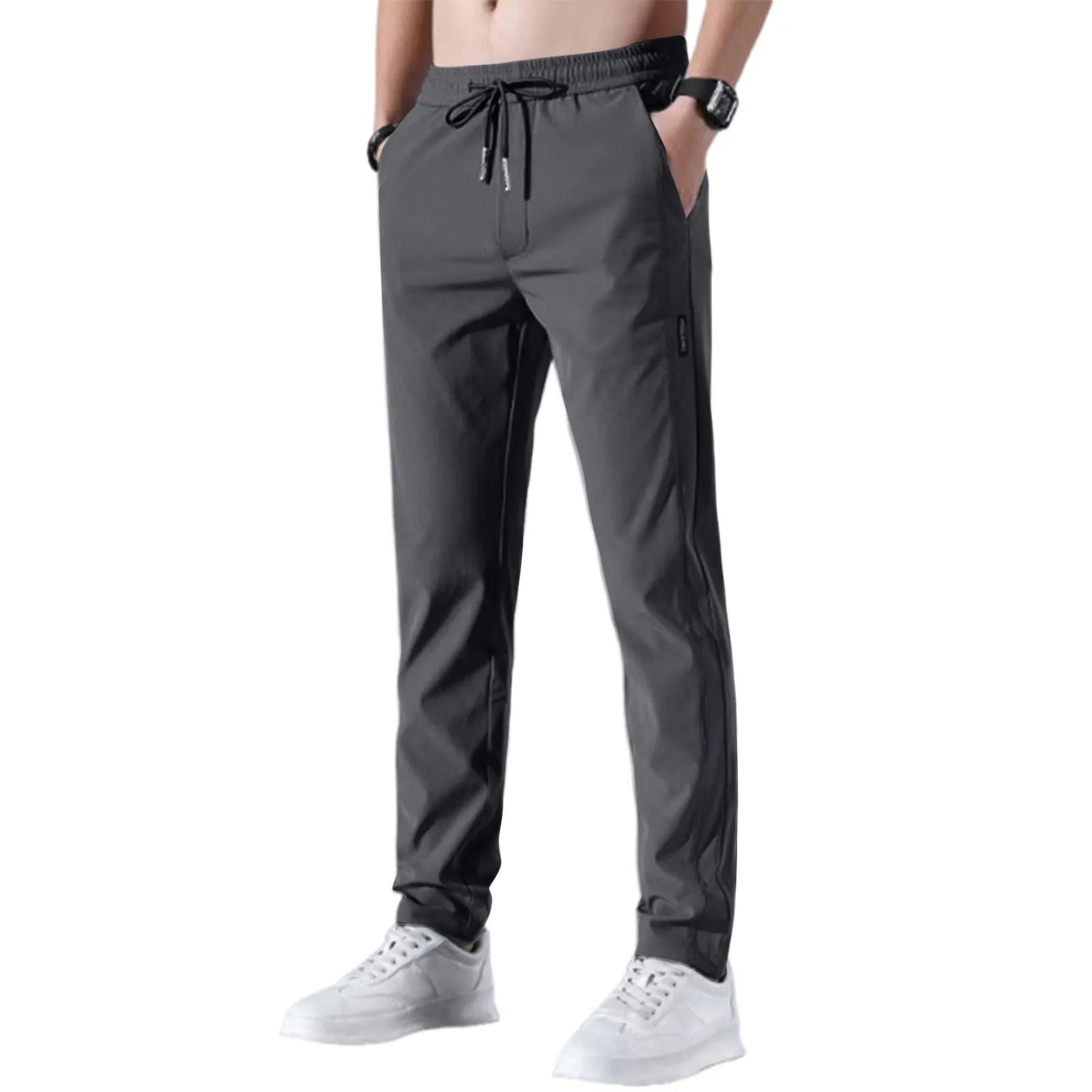 Men Fast Dry Stretch Pants Ice Silk Trousers Solid Color Mid-Waist/Loose Breathable Straight-Leg Casual Pants Thin Sports Pants