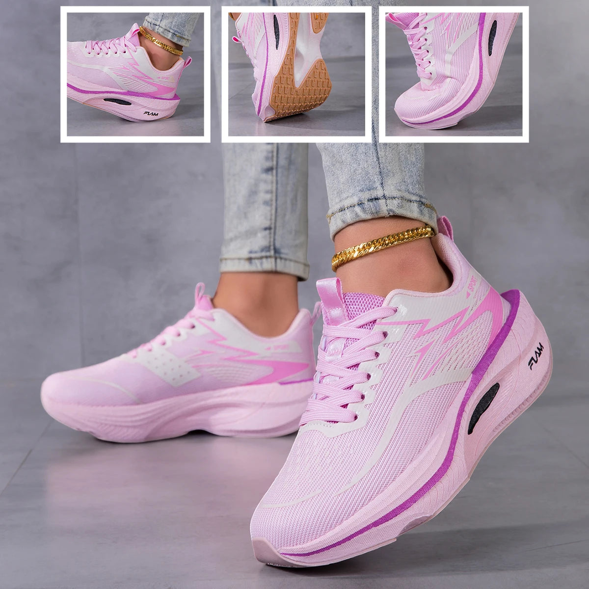 Women Color Block Platform Running Sneakers Breathable Flying Weave Mesh/Lightweight Cushioned Non Slip Lace Up Gym Jogging Shoes