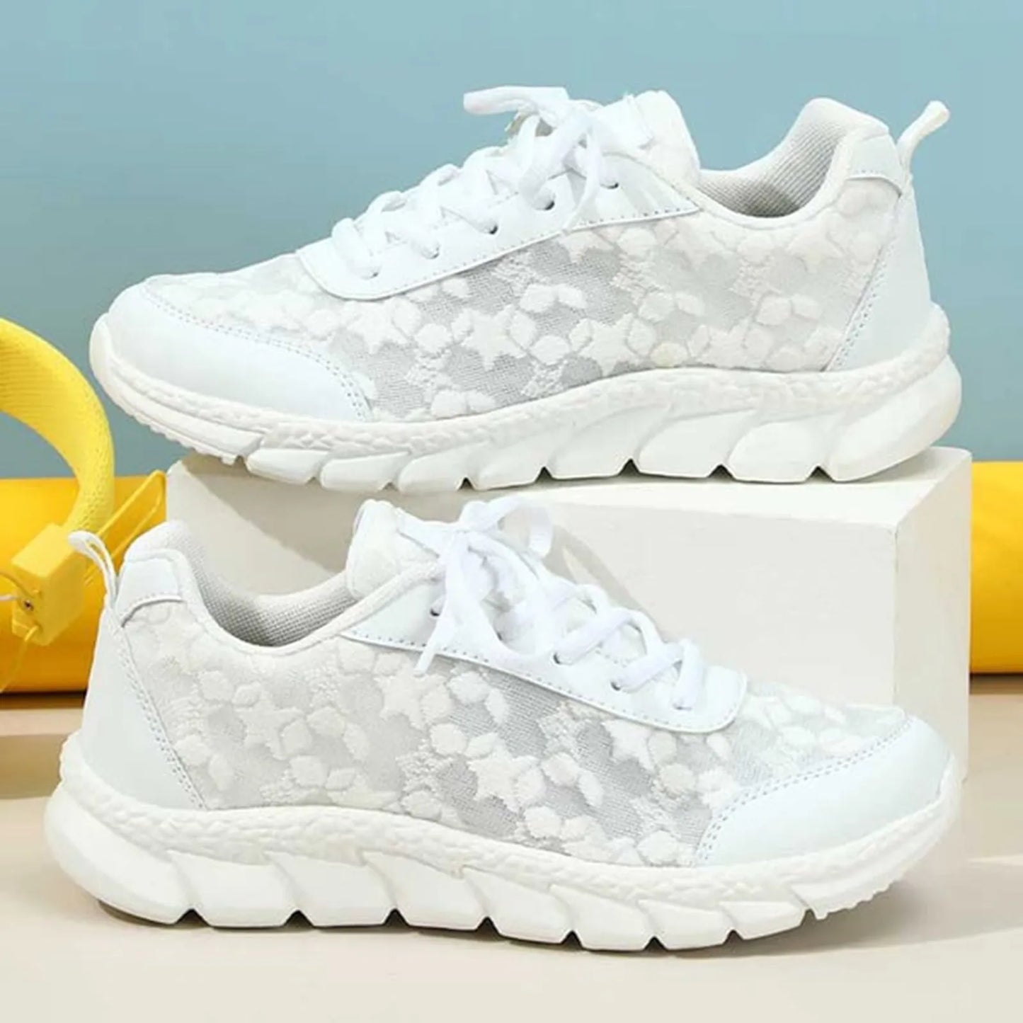 Women's Fashion Vulcanized Sneakers Breathable Mesh Leather/Patchwork Platform Shoes Color Matching Lace Up Running Shoes