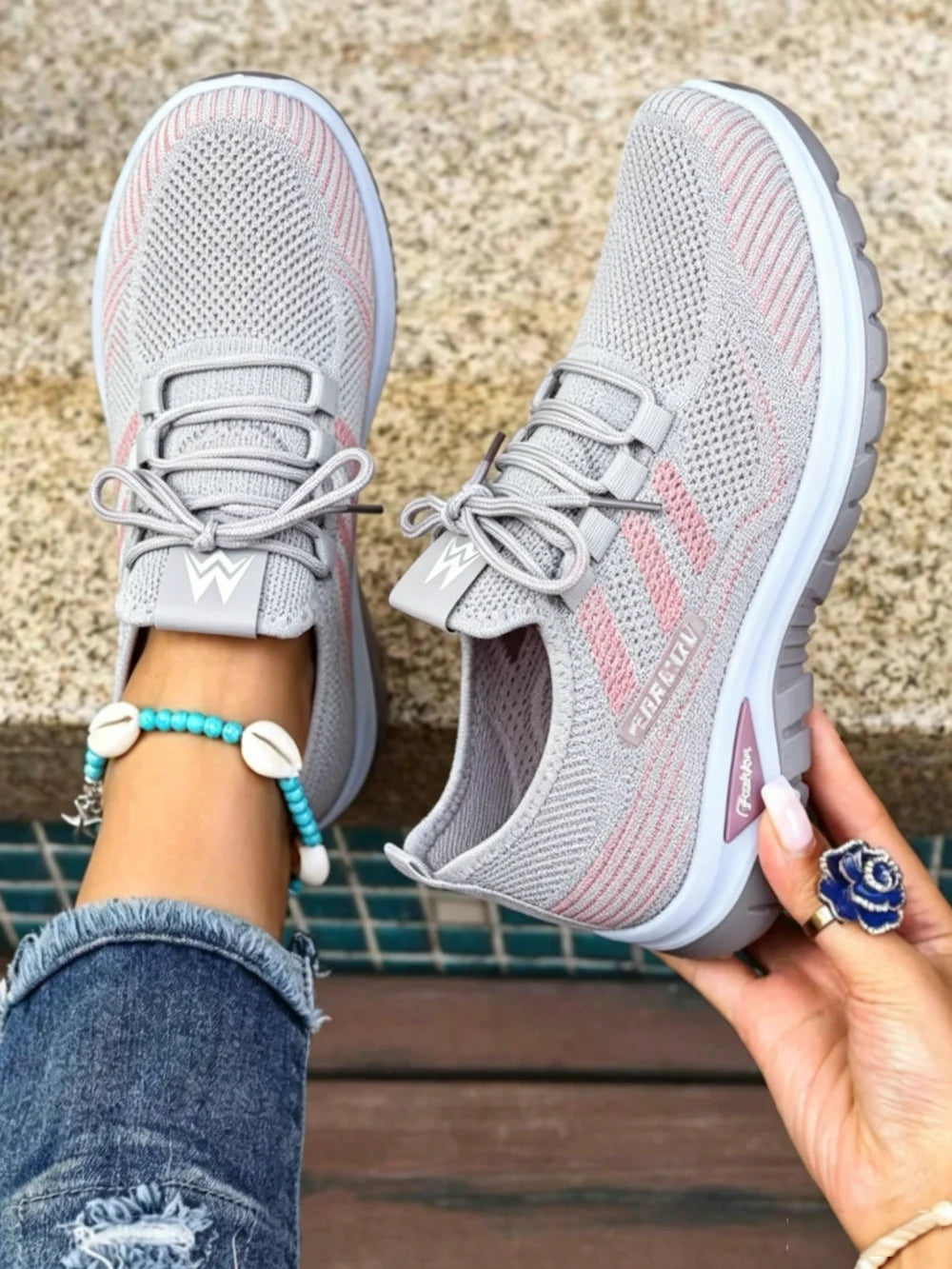 Women Breathable Knit Air Cushion Platform Walking Sneakers/Lace Up Lightweight Non Slip Wedge Casual Shoes Shock Absorbing
