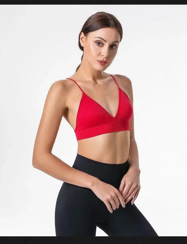 Women V Neck Seamless Triangle Cup Bra Camisole Breathable Gather Up/Chest Wrapped Underwear for Sports Fitness Yoga Casual