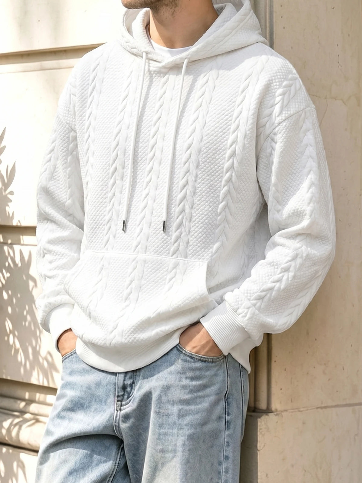 Men's Winter Warm Fleece Hoodie Cable Knit Textured Pullover/Hooded Sweatshirt Kangaroo Pocket for Gym Street Cold Weather Jacket