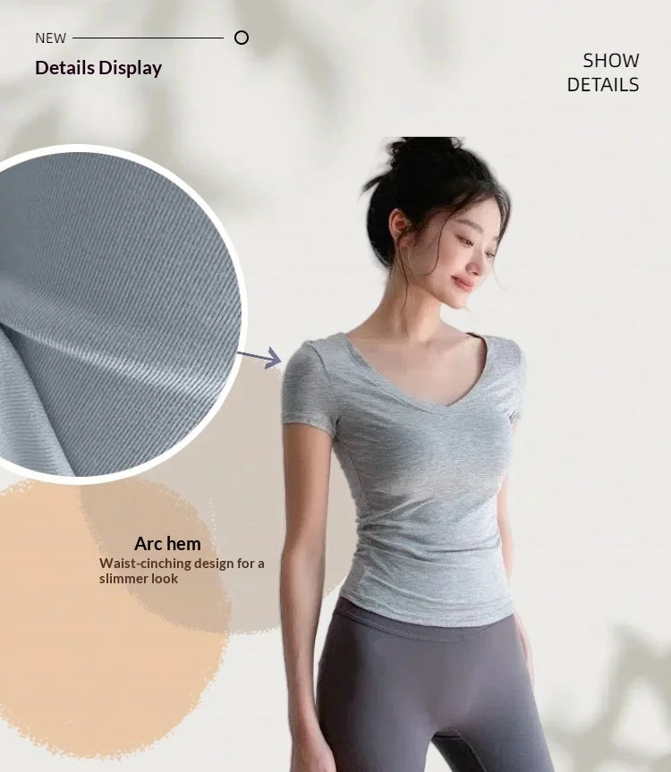 Yoga t-shirt top summer thin breathable waist tight and thin/inside solid color sports running fitness short sleeves
