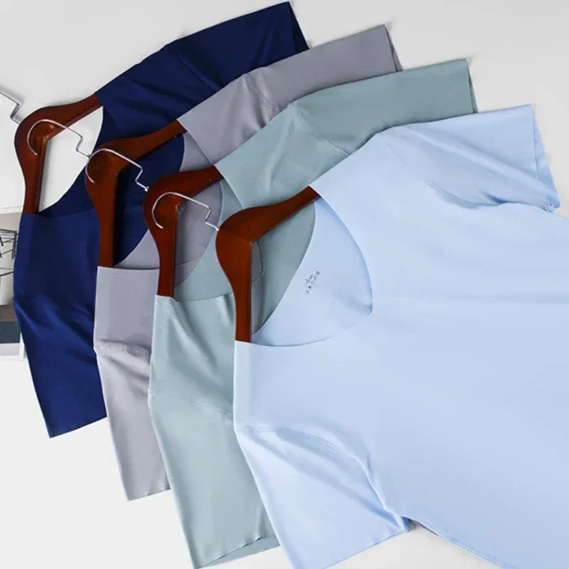 Ice Silk Men T-shirts Summer Seamless Sport Underwear Casual V-neck/Thin T-shirts Quick Dry Shirt Tops Bottoming Shirt for Men