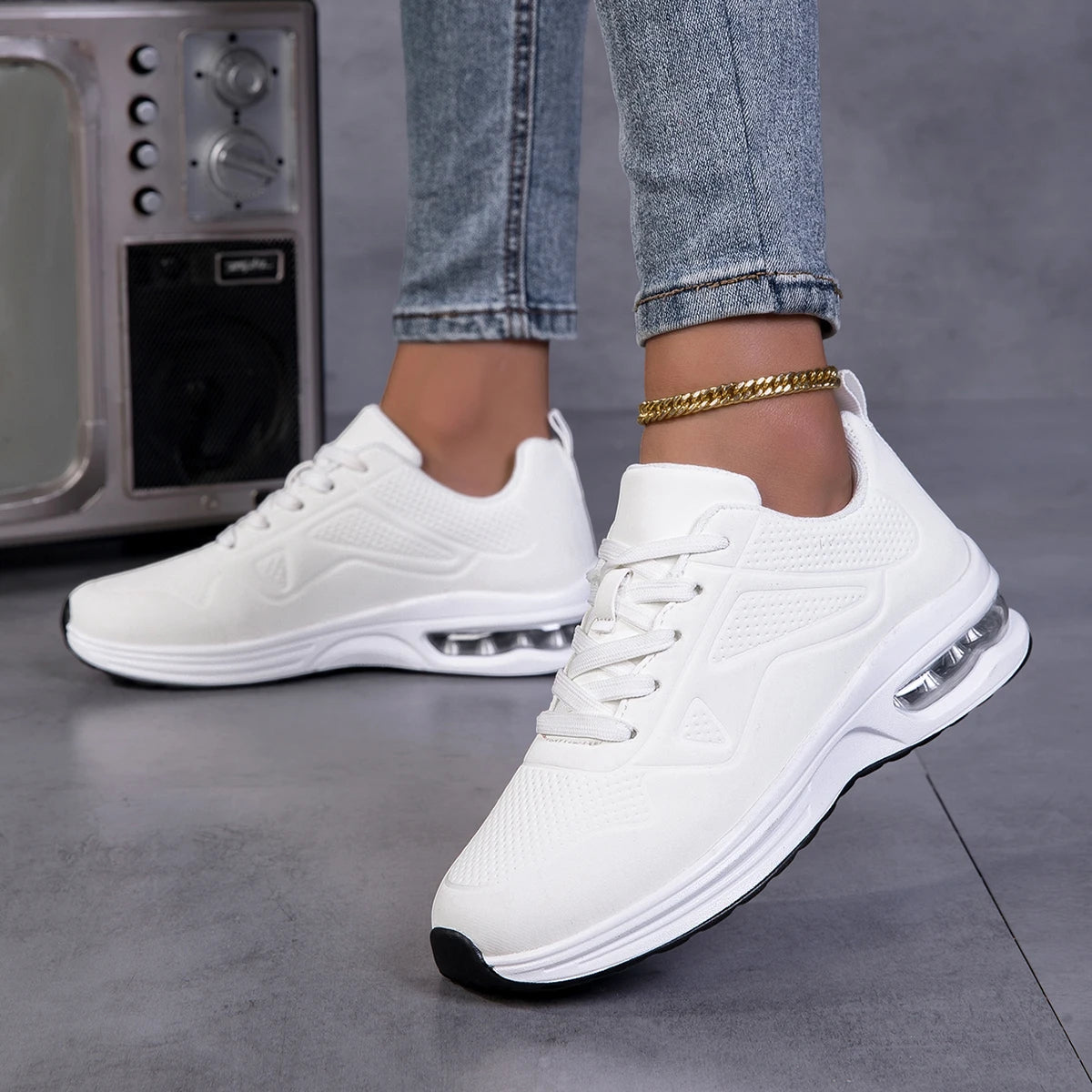 Women Solid Color Air Cushion Walking Sneakers Breathable/Soft Upper Shock Absorb Non Slip Lace Up Lightweight Sports Shoes Gym