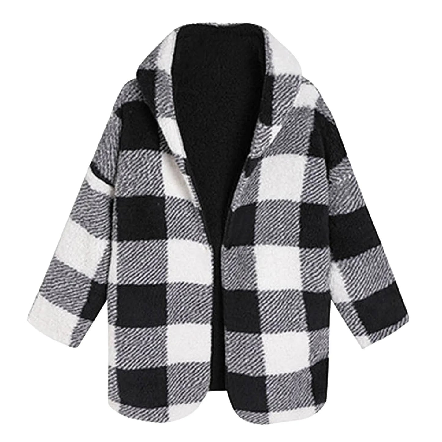 Women's Loose Warm Plaid Buttonless Cardigan Vintage Hooded/Double-Sided Plush Jacket Loose Fit Fleece Warm Jackets