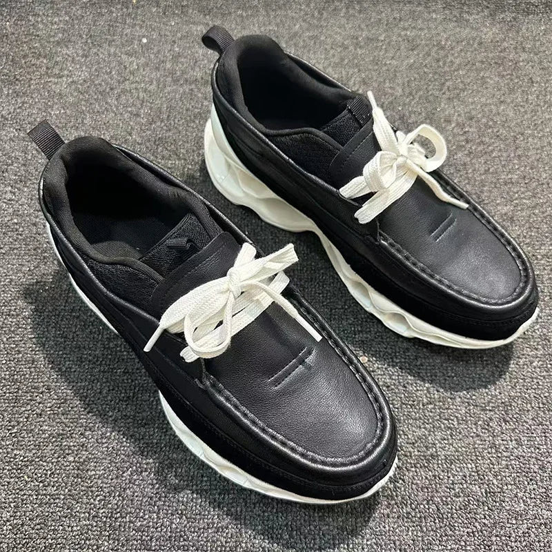 New Spring Summer Casual Leather Shoes Korean Style Round Toe/Lace Up Elevator Sole Minimalist Elegant Fashion Footwear