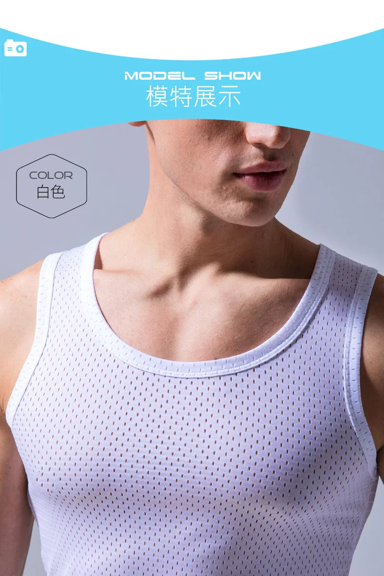 Men's Ice Silk Mesh Tank Tops Gym Stringer Transparent Bodybuilding/Sleeveless Shirt Fitness Vest Male mesh Muscle Shirt