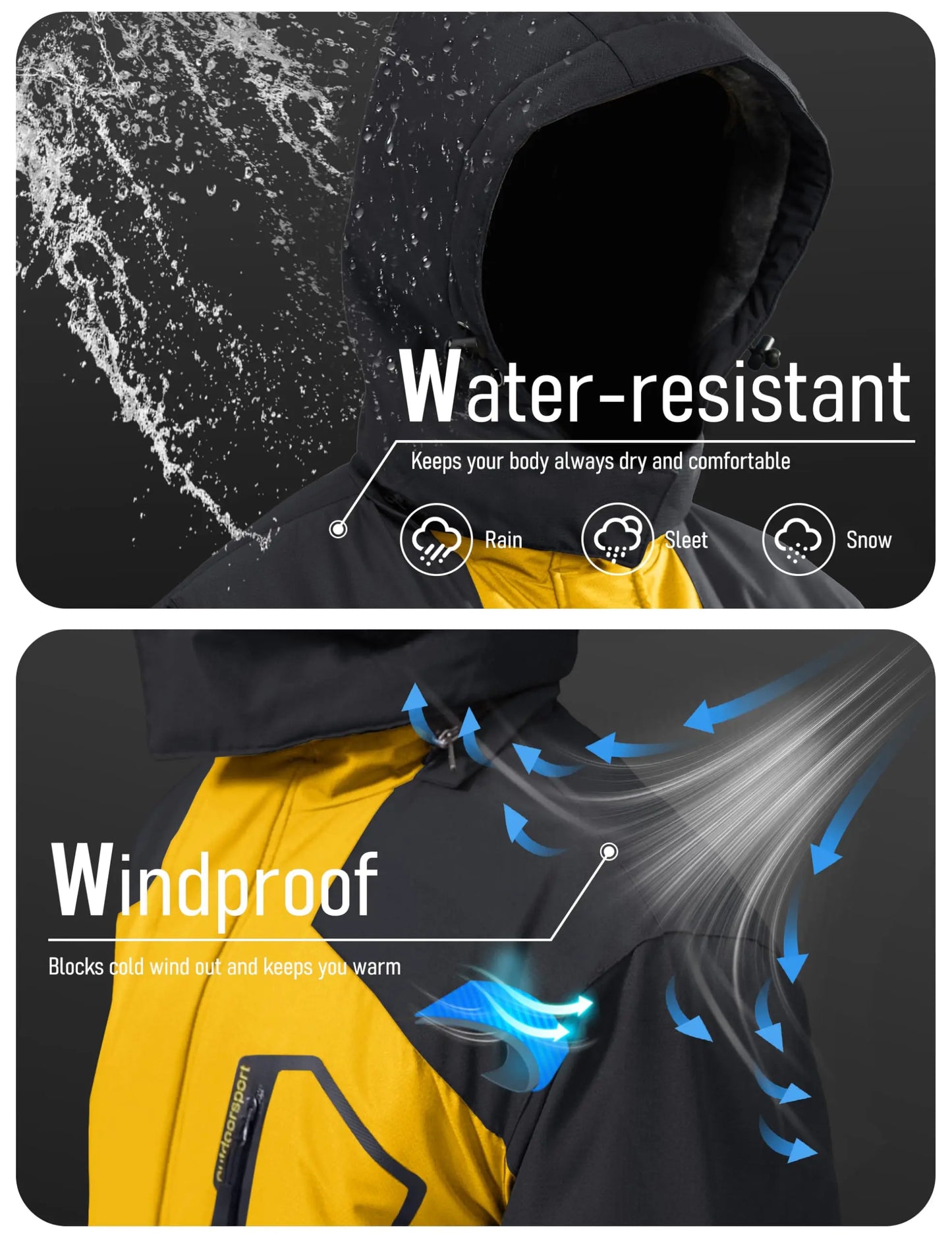 Men's Water-Resistant Ski Jacket Winter Fleece Lined/Snow Coat Warm Windproof Outdoor Jacket