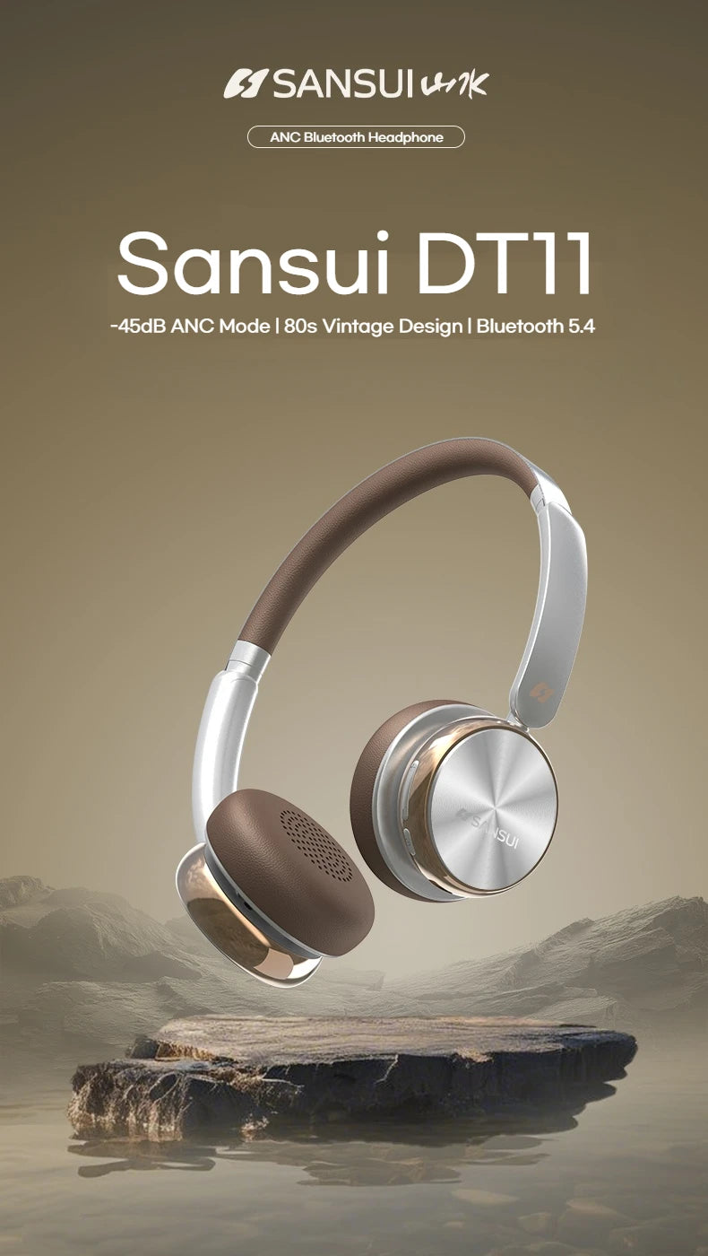 Sansui DT11 ANC Wireless Bluetooth 5.4 Headphone -45dB/Active Noise Reduction Headsets 50H Playtime Over Ear Retro Earphones