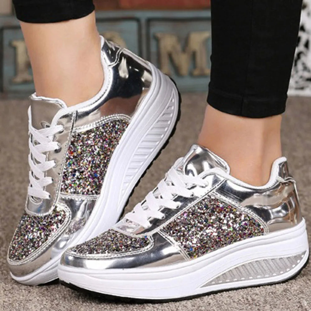 Fashion Ladies Women's Shoes Sport Wedges Shoes/Shake Silver Comfortable Jogging  Lace-Up Running Sneakers