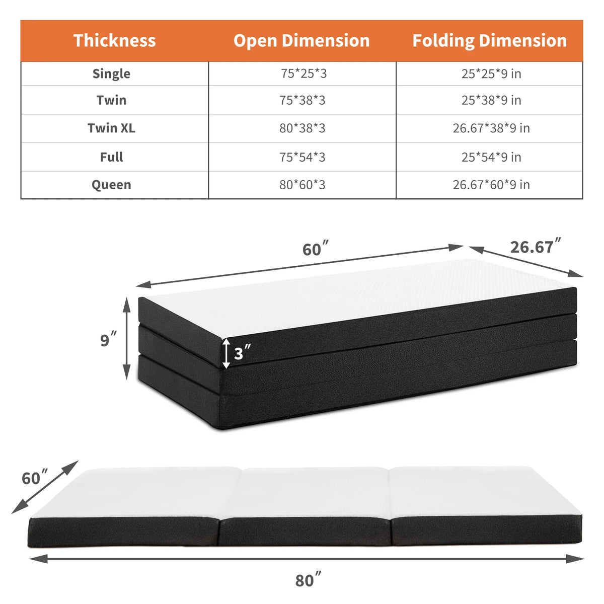 JHK 3-4Inch Soft Mattress Tri-Fold Memory Foam Mattress with Collapsible/and Washable Cover Portable Floor Bed for Travel Yoga