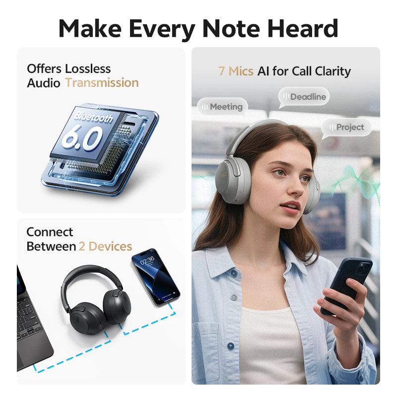 QCY H3S Over Ear Headphone Hi-Res LDAC Spatial Sound Headset/H3S -56dB Adaptive ANC Wireless Earphone Bluetooth 6.0 102Hrs