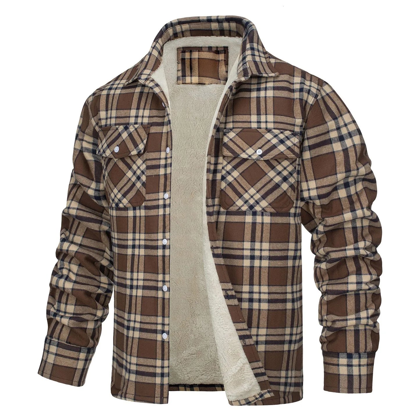 Men Fall Winter Jacket Plaid Print Soft Plush Long Sleeve/Single-Breasted Loose Thickened Casual Mid Length Men Coat