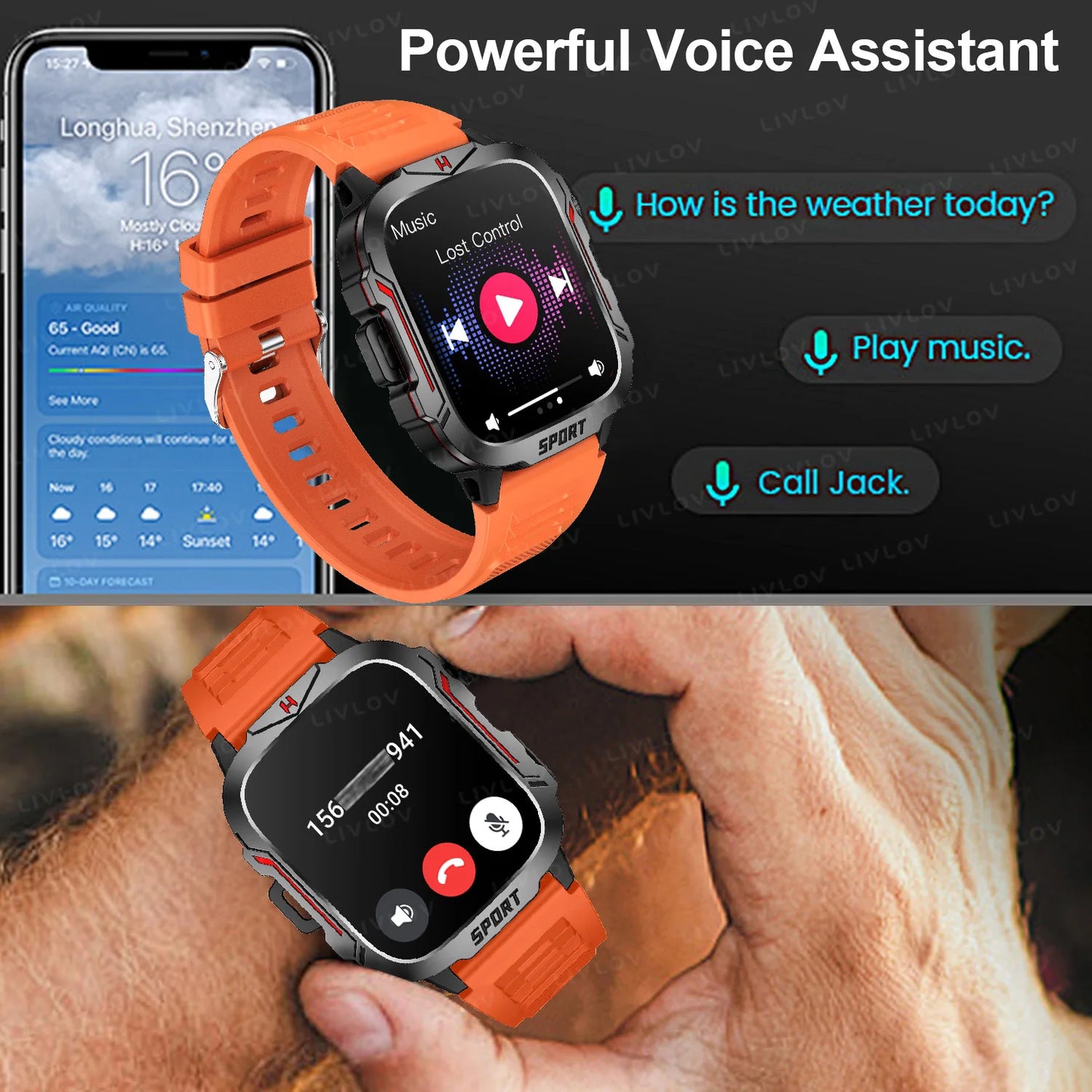 Strong Flashlight Smart Watch for Men/Women, 1.96'' Screen Fitness Tracker/with AI Voice Assistant/ Bluetooth Call/ 100+Sports