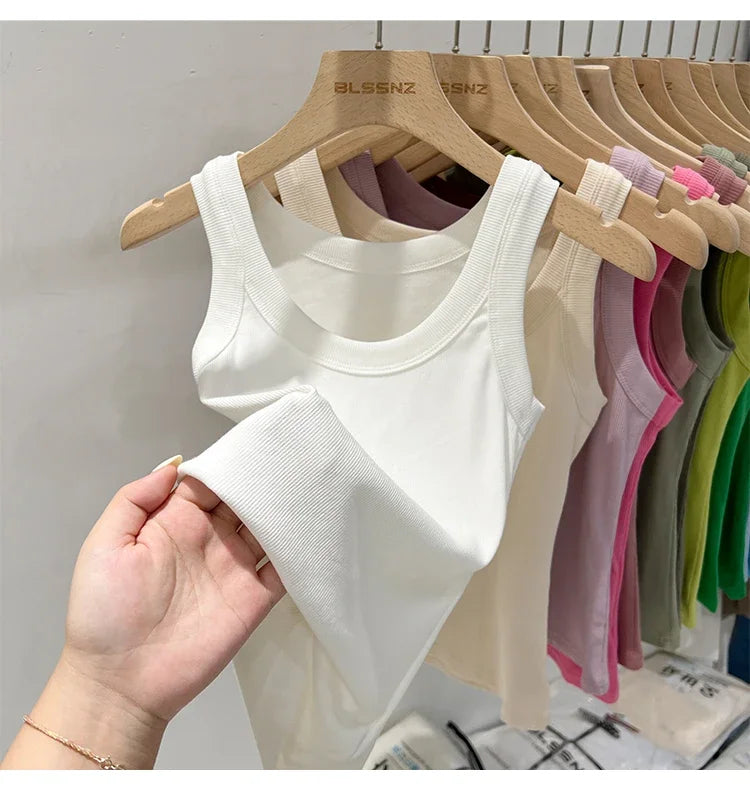 zjaiss Women Solid Round Neck Ribbed Tank Top Camisole Women/Summer Basic Elastic Tank Top O Neck Solid Tank Top