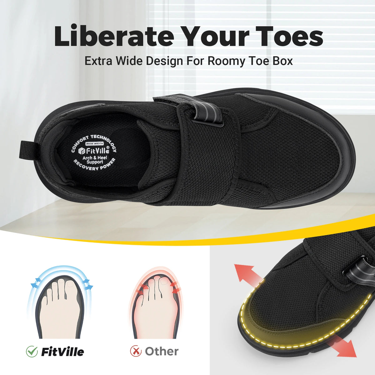 FitVille Diabetic Shoes for Men Extra Wide Hook and Loop Walking Shoes/for Elderly for Swollen Feet Foot Pain Relief Neuropathy Shoes