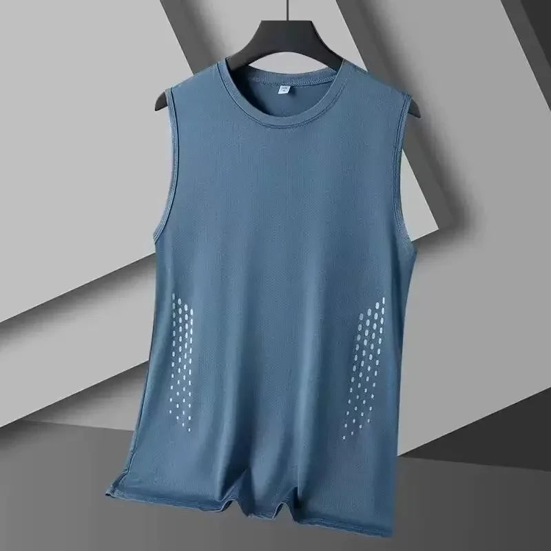 Men Summer Mesh Sleeveless Vest Ice Silk Printed Round Neck/Loose Running Fitness Tank Top Breathable Athletic