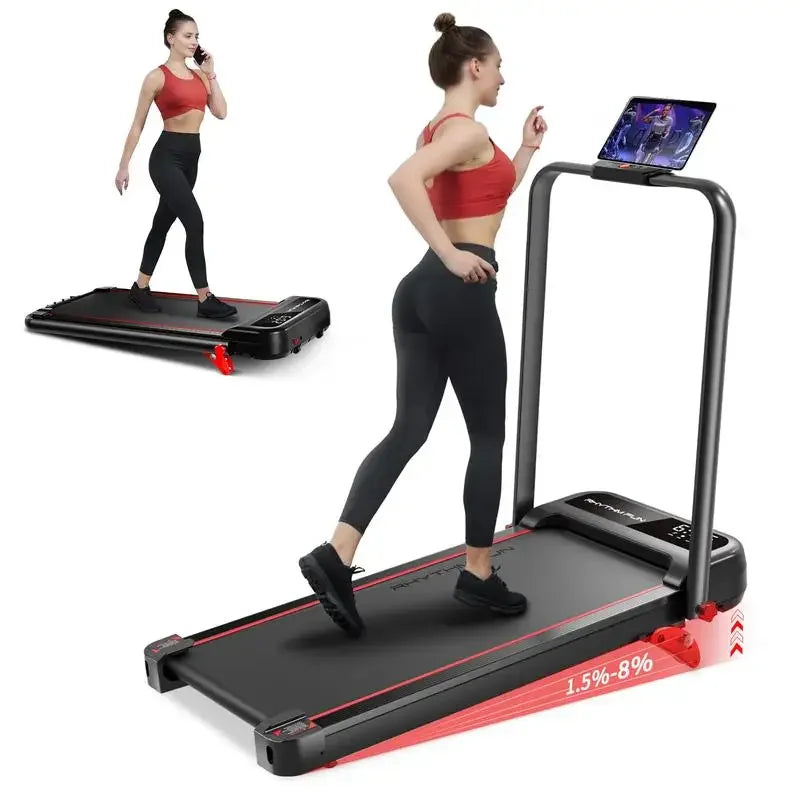 RHYTHM FUN 8° Incline Foldable Treadmill Under Desk Walking Pad/for Office Home Gym 300 Lbs Portable Exercise Equipment