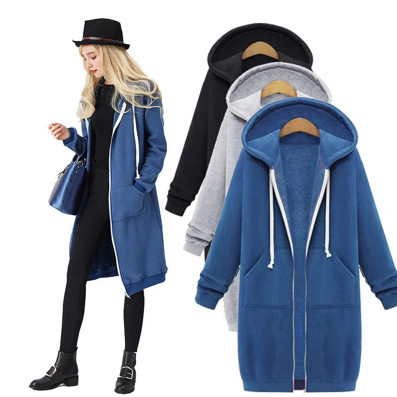 Autumn and Winter Women's Clothing American Hooded/Long-sleeved Medium and Long Sweater Fleece Jacket