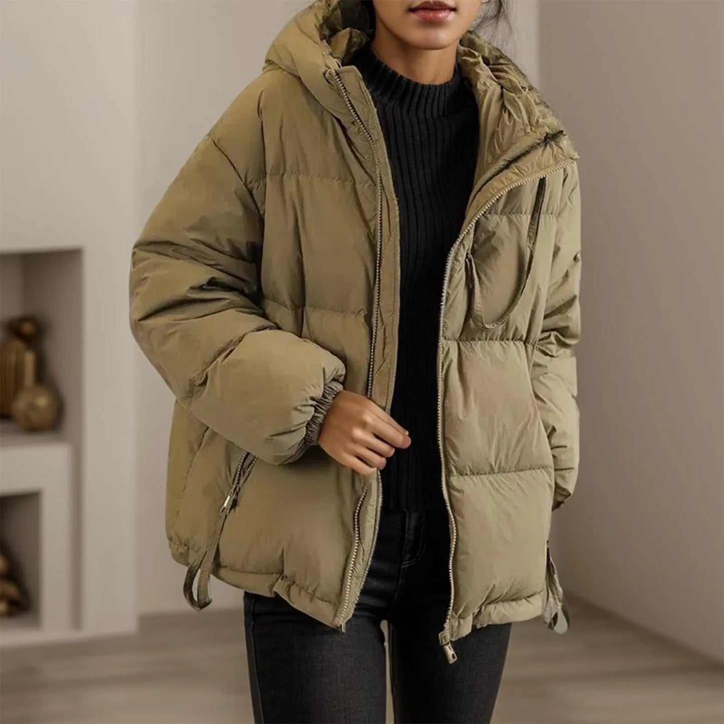 Women's Solid Color Jacket Hood Zip Up Winter Warm Cotton Padded/Coat Women Plus Size Jackets Black Oversize