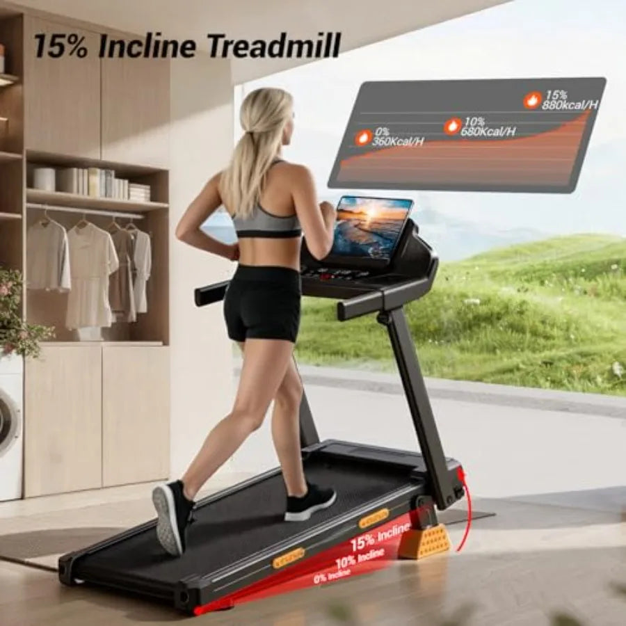 Treadmills for Home with 15% Incline and Led Screen 7-Layer Shock-Absorbing/Foldable Treadmill with Handle Bar Up to 400lbs