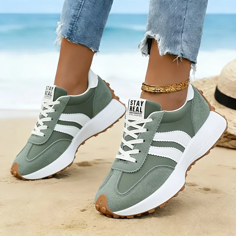 Women Retro Stripe Platform Sneakers Vintage Suede Lace Up/Casual Shoes Thick Sole Non Slip Walking Trainers Fashion